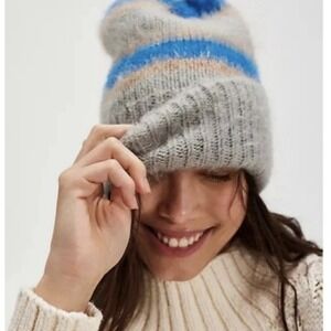 Free People Hat Womens One Size Gray Blue Prep Stripe Knit Beanie Winter